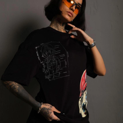 Kadın Mario Baskılı T-Shirt Oversize Kısa kol Bisiklet yaka tişort - Siyah